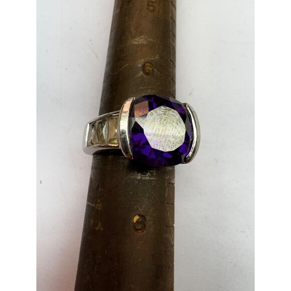 Estate Sterling Silver 925 Amethyst Ring with Cubic Zirconia Accents, Size 7, 10 - Picture 6 of 10